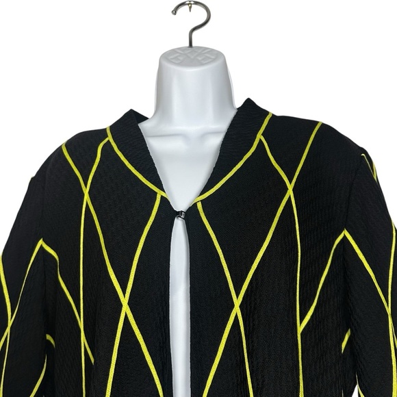 Misook XL Black Knit Cardigan Jacket Chartreuse Yellow Diamond 3/4 Sleeve Career - Picture 2 of 11